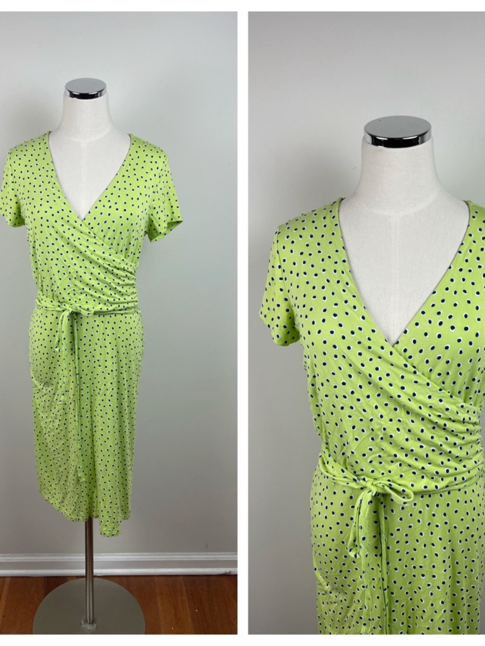 Lands' End Lime Green Navy Blue White Dots Wrap Dress Women Small